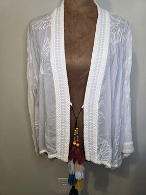 Johnny Was NWT Ivory Embroidered Kimono Cardigan Silk Blend Boho Open Front